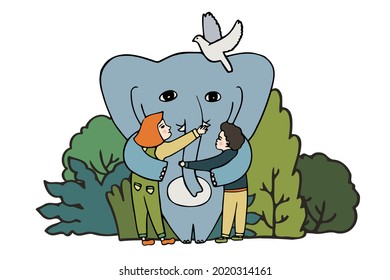 Isolated vector illustration colorful design of a cute elephant cuddling with children in a park. The design is perfect for cards, textiles, illustrations, badges, stickers