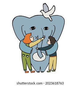 Ilustración vectorial aislada, diseño colorido de un elefante lindo acurrucada con niños. El diseño es perfecto para tarjetas, textiles, ilustraciones, insignias, pegatinas