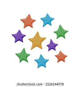 Isolated vector illustration of colorful star shaped candy in cute red, orange, green, blue and purple colors. Cartoon forecast poster for fantasy holiday celebration with halftone season lines.