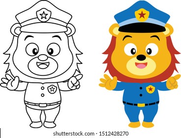 isolated vector illustration of coloring page animal profession, lion police officer 