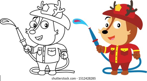 isolated vector illustration of coloring page animal profession, deer firefighter 