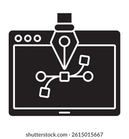 Isolated vector illustration of a computer monitor with a pen tool and vector path design. Perfect for illustrating graphic design, web development, and creative software