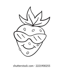 Isolated vector illustration of cool strawberry with sunglasses. Cute thin line icon for design, cover etc.