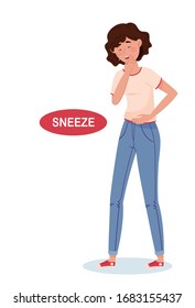 Einzelne Vektorillustration - Illustration der Symptome des Coronavirus. Ein Mädchen in vollem Wachstum zeigt eines der möglichen Anzeichen einer Infektion mit dem COVID-19-Virus - Sneeze. Illustration in Cartoon und Flachstil.