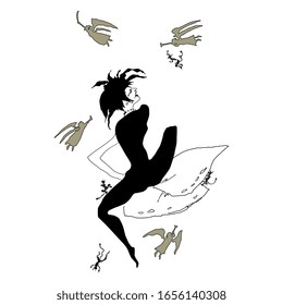  Ilustración vectorial aislada. Mujer sexy loca rodeada de ángeles y demonios. Dualidad de la naturaleza humana. Concepto de bien y mal en el corazón humano. Arte de estilo original dibujado a mano.