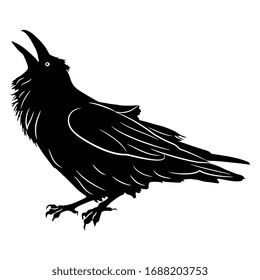 Isolated vector illustration. Croaking or cawing raven bird with open beak. Black and white silhouette.