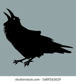 Isolated vector illustration. Croaking or cawing raven bird with open beak. Monochrome silhouette.