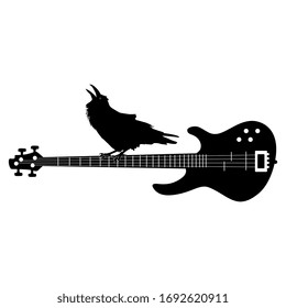 Isolated vector illustration. Croaking raven sitting on neck of electric bass guitar. Black and white silhouette. Rock music art.