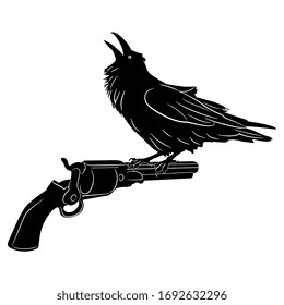  Vektorillustration einzeln. Croaking Rabe sitzend auf Vintage Revolver Pistole. Schwarz-Weiß-Silhouette.