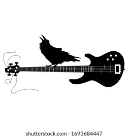 Isolated vector illustration. Croaking raven sitting on neck of electric bass guitar. Black and white silhouette. Rock music art.