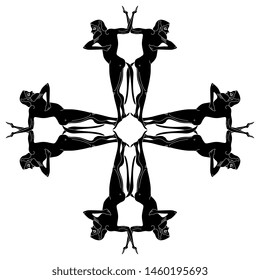 Isolated vector illustration. Cross decor made of ancient Greek satyrs. Black and white silhouette.
