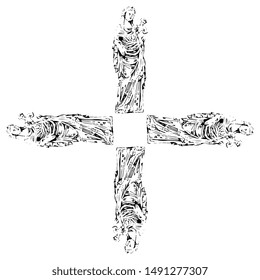Isolated vector illustration. Cross made of four sculptures of Virgin Mary. Vintage style. Hand drawn linear sketch. Black and white silhouette.