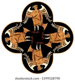 Isolated vector illustration. Cross shape decor with ancient Greek mythological motifs. Vase painting style. Siren or Harpy. Fantastic winged bird woman.