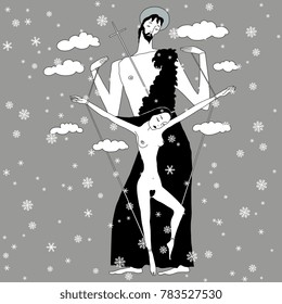 Isolated vector illustration. Crucifix made of male and female characters. Marionette and master. Metaphor for love and relationships. Based on hand drawn original style art.