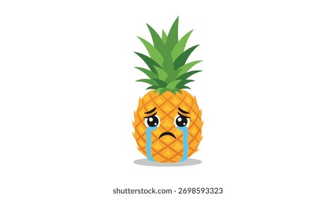 Ilustração vetorial isolada de um personagem de abacaxi chorando, com grandes olhos lacrimejantes e lágrimas azuis, contra um pano de fundo branco limpo.