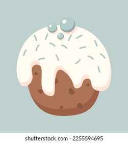 Isolated vector illustration of cupcake with blue candies and cream frosting. For decorating Christmas, birthday, Valentine's Day gift wrap, icons, stickers. 