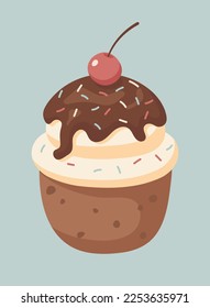 Isolated vector illustration of cupcake with cherry, chocolate glaze, and cream frosting. For decorating Christmas, birthday, Valentine's Day gift wrap, icons, stickers.