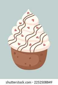 Ilustración vectorial aislada de bizcocho con chocolate, rociadores y helado de crema. Para decorar Navidad, cumpleaños, envolvimiento de regalo de San Valentín, íconos, pegatinas.