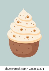 Isolated vector illustration of cupcake with chocolate, caramel and cream frosting. For decorating Christmas, birthday, Valentine's Day gift wrap, stickers icons.