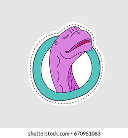 Isolated vector illustration with cure dino character in patch style. Hand drawn embroidery, sticker, badge or pin design