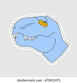 Isolated vector illustration with cure dino character in patch style. Hand drawn embroidery, sticker, badge or pin design