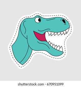 Isolated vector illustration with cure dino character in patch style. Hand drawn embroidery, sticker, badge or pin design