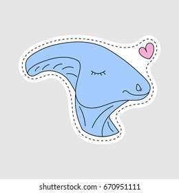Isolated vector illustration with cure dino character in patch style. Hand drawn embroidery, sticker, badge or pin design