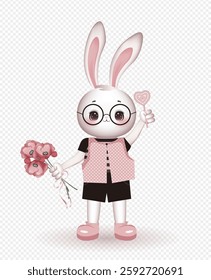 Isolated vector illustration of a cute bunny boy in glasses, holding a poppies bouquet in one hand and a heart-shaped lollipop in the other, on a transparent background