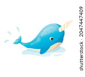 Isolated vector illustration of a cute cartoon baby narwhal with a horn splashing in a puddle of water.