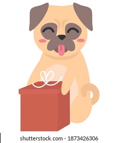Isolated vector illustration. Cute Christmas pug. Funny dog face. Puppy with present.