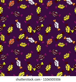Isolated. Vector illustration. Cute and colorful candy sweet seamless pattern on brown, black and purple background. Brown, black and purple version.