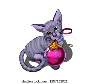 Isolated vector illustration of a cute kitty cat with christmas bulb in its mouth.