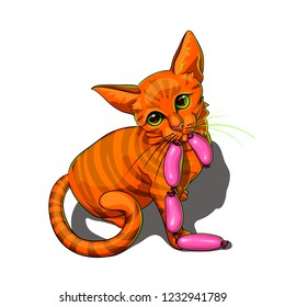 Isolated vector illustration of a cute kitty cat with sausage in its mouth.