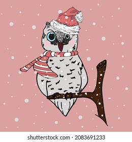 Isolated  vector illustration of a cute owl. Owl in a Christmas hat and scarf isolated as a blank for the designer, textiles, photo print, logo