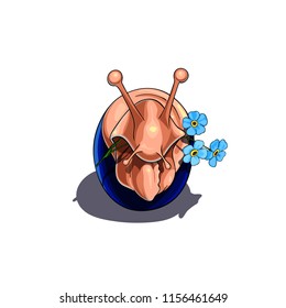 Isolated vector illustration of a cute snail with the wild flower as a gift