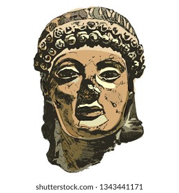 Isolated vector illustration. Damaged sculpture head of ancient Greek or Roman goddess or Apollo. Hand drawn art.