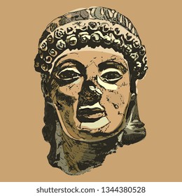 Isolated vector illustration. Damaged sculpture head of ancient Greek or Roman goddess or Apollo. Hand drawn monochrome art.