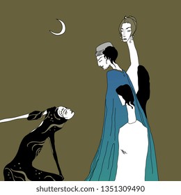 Isolated vector illustration. Dance of Salome. Fantastic surreal scene with four characters. Based on hand drawn original style art.