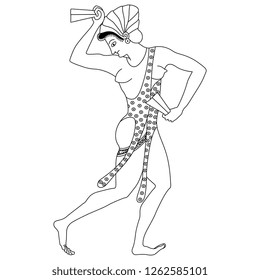 Isolated vector illustration. Dancing ancient Greek girl. Vase painting motif. Black and white linear silhouette.