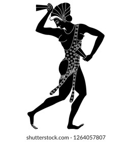 Isolated vector illustration. Dancing ancient Greek girl. Vase painting motif. Black and white linear silhouette. Cartoon style.