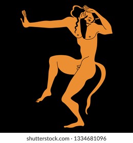 Isolated vector illustration. Dancing ancient Greek satyr. Vase painting motif. Cartoon style. On black background.
