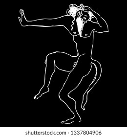 Isolated vector illustration. Dancing ancient Greek satyr. Hand drawn linear doodle sketch. White silhouette on black background.