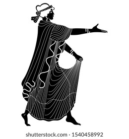 Isolated vector illustration. Dancing ancient Greek girl. Vase painting motif. Black and white silhouette.