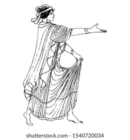 Isolated vector illustration. Dancing ancient Greek girl. Hand drawn linear sketch. Black silhouette on white background.