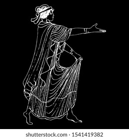 Isolated vector illustration. Dancing ancient Greek girl. Hand drawn linear sketch. White silhouette on black background.
