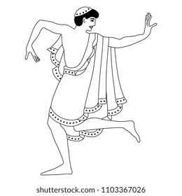 Isolated vector illustration of a dancing Etruscan young man. Based on ancient Italian fresco. Black and white linear silhouette.