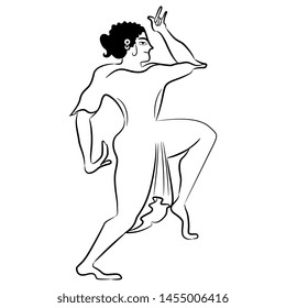Isolated vector illustration. Dancing Etruscan or ancient Greek woman. Black and white linear silhouette.