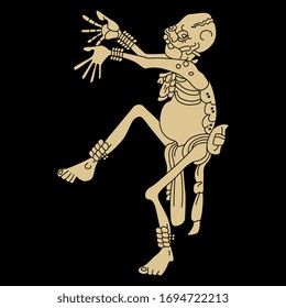 Isolated Vector Illustration. Dancing Human Skeleton. Mayan Mythology. Native American Indian Art. Monochrome Silhouette. Ancient Mexican God Of Death. Happy Death.