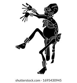 Isolated vector illustration. Dancing human skeleton. Mayan mythology. Native American Indian art. Black and white silhouette. Ancient Mexican god of death. Halloween character.