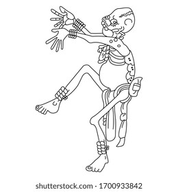 Isolated Vector Illustration. Dancing Human Skeleton. Mayan Mythology. Native American Indian Art. Ancient Mexican God Of Death. Black And White Linear Silhouette. Halloween Decor.